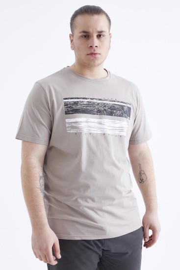 Koyu Bej Baskılı O Yaka Büyük Beden Erkek T-shirt - 88073 - Thumbnail