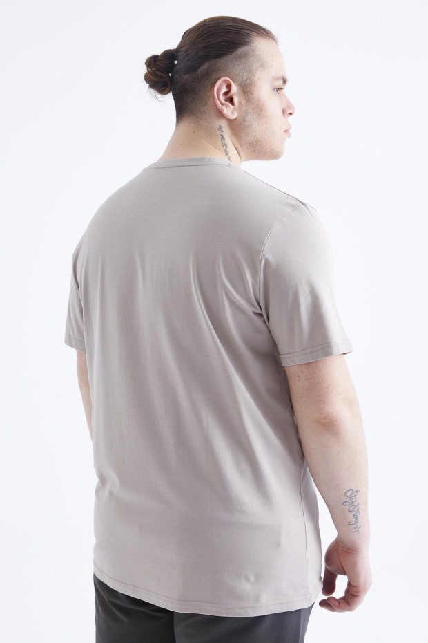 Koyu Bej Baskılı O Yaka Büyük Beden Erkek T-shirt - 88073