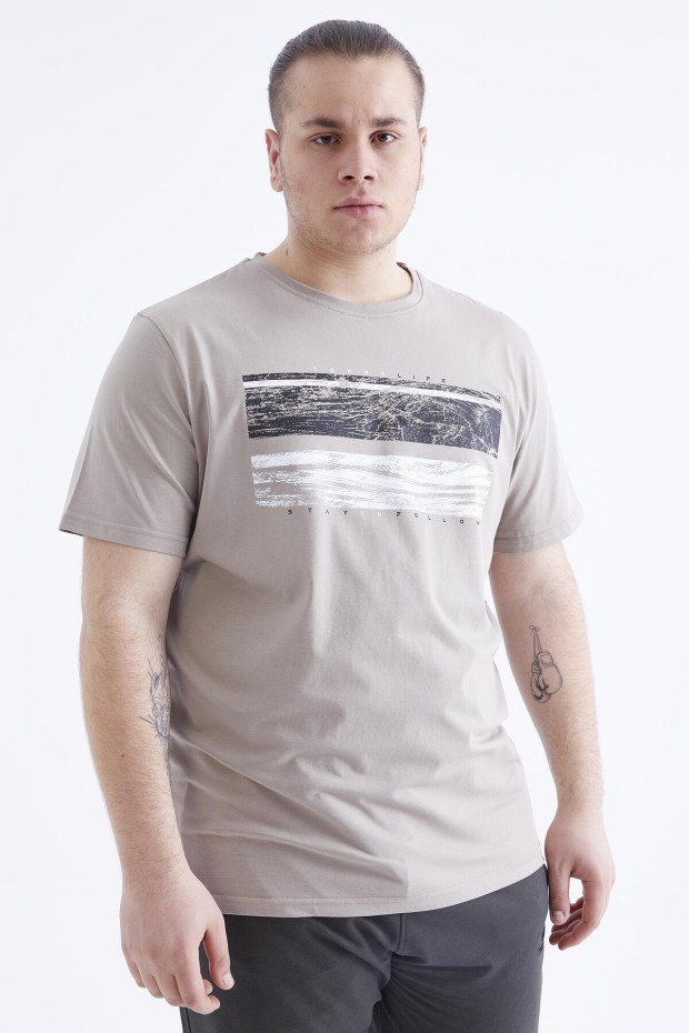Koyu Bej Baskılı O Yaka Büyük Beden Erkek T-shirt - 88073