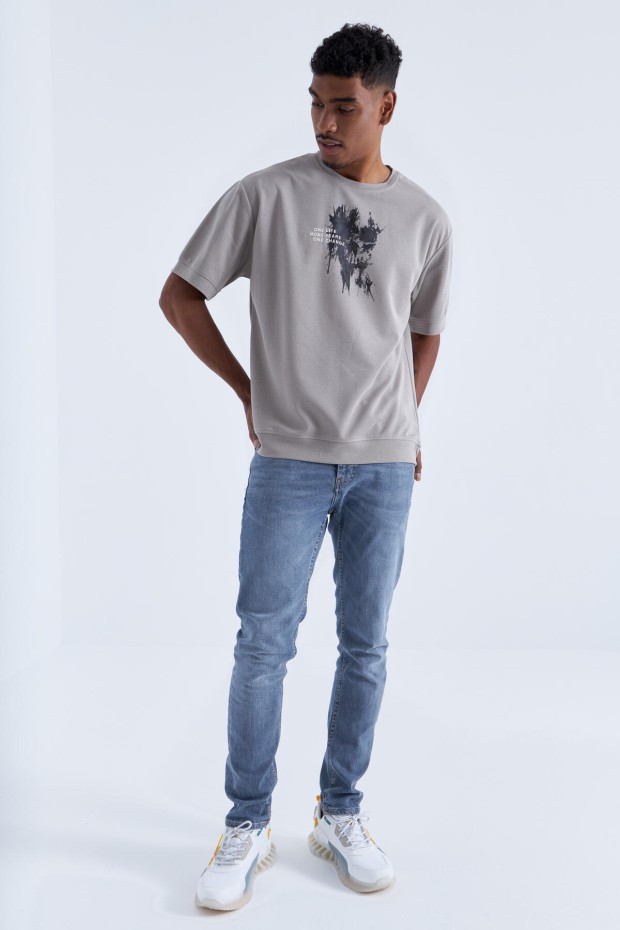 Koyu Bej Baskılı Yazı Nakışlı O Yaka Erkek Oversize T-Shirt - 88105