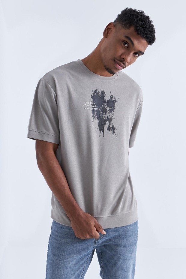 Koyu Bej Baskılı Yazı Nakışlı O Yaka Erkek Oversize T-Shirt - 88105