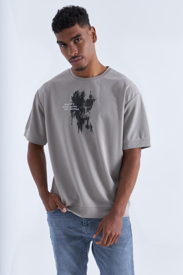 Koyu Bej Baskılı Yazı Nakışlı O Yaka Erkek Oversize T-Shirt - 88105