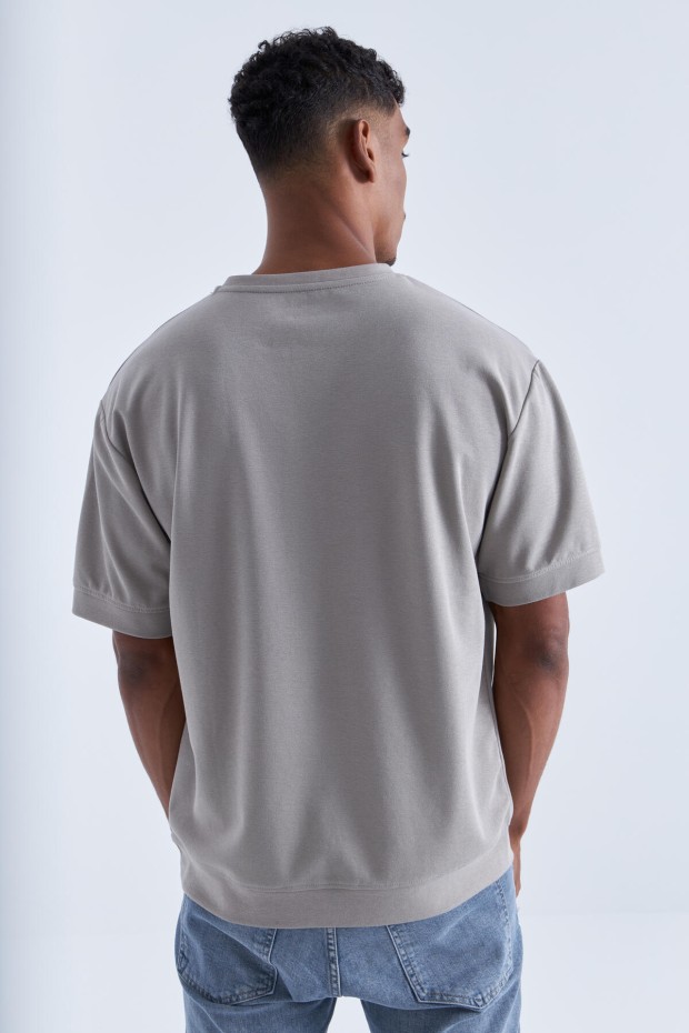 Koyu Bej Baskılı Yazı Nakışlı O Yaka Erkek Oversize T-Shirt - 88105