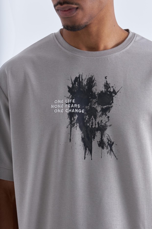 Koyu Bej Baskılı Yazı Nakışlı O Yaka Erkek Oversize T-Shirt - 88105