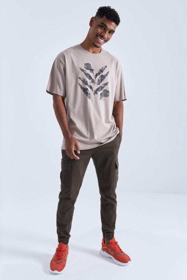 Koyu Bej Büyük Baskılı O Yaka Erkek Oversize T-Shirt - 88092