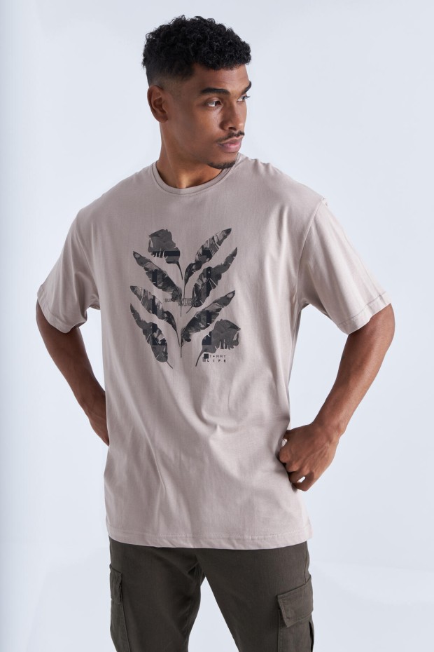 Koyu Bej Büyük Baskılı O Yaka Erkek Oversize T-Shirt - 88092
