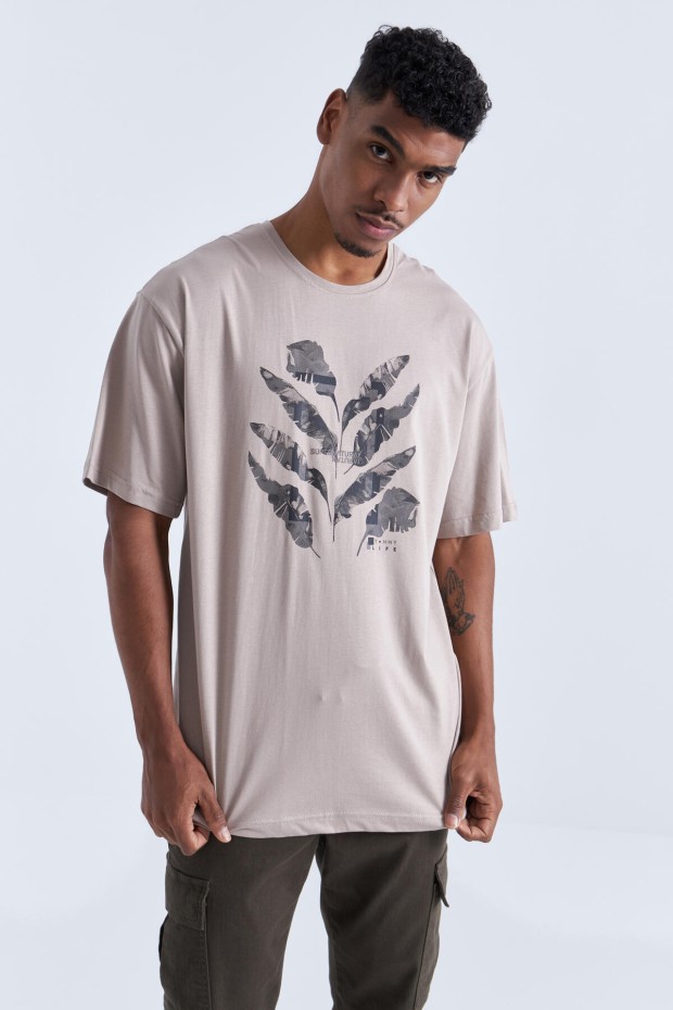 Koyu Bej Büyük Baskılı O Yaka Erkek Oversize T-Shirt - 88092