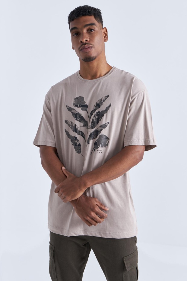 Koyu Bej Büyük Baskılı O Yaka Erkek Oversize T-Shirt - 88092