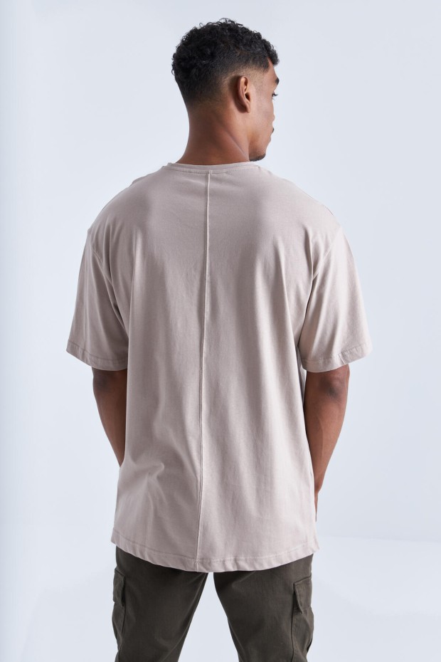 Koyu Bej Büyük Baskılı O Yaka Erkek Oversize T-Shirt - 88092