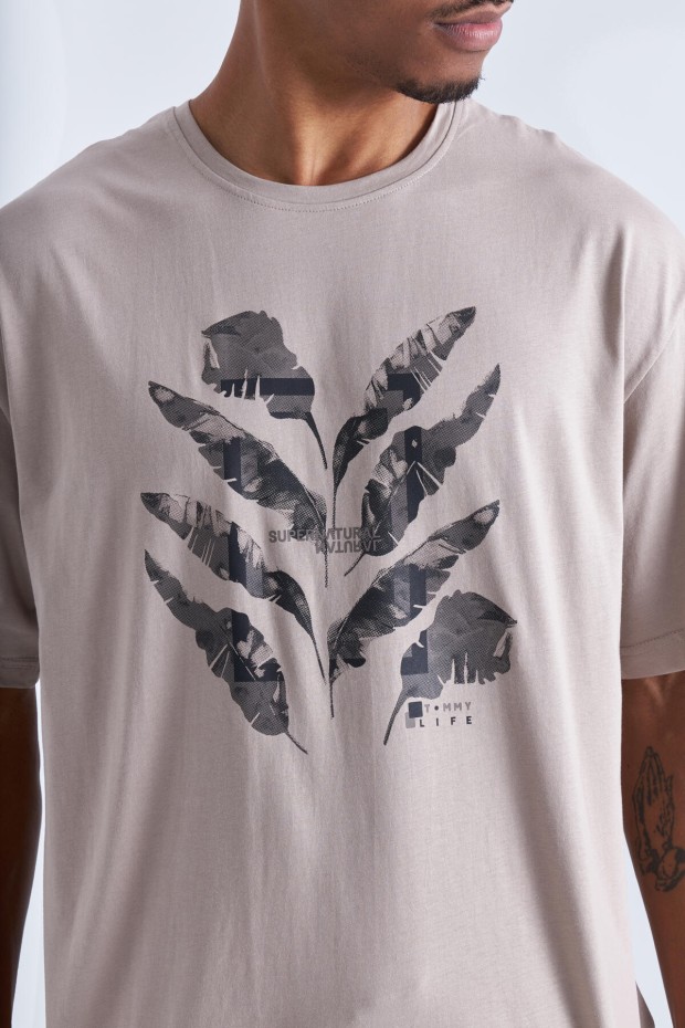 Koyu Bej Büyük Baskılı O Yaka Erkek Oversize T-Shirt - 88092