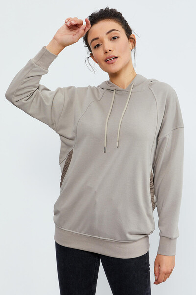 Koyu Bej Büzgü Cepli Kapüşonlu Kadın Oversize Sweatshirt - 97179