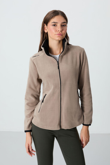 Koyu Bej Dik Yaka Fermuarlı Rahat Form Kadın Polar Sweatshirt - 97173 