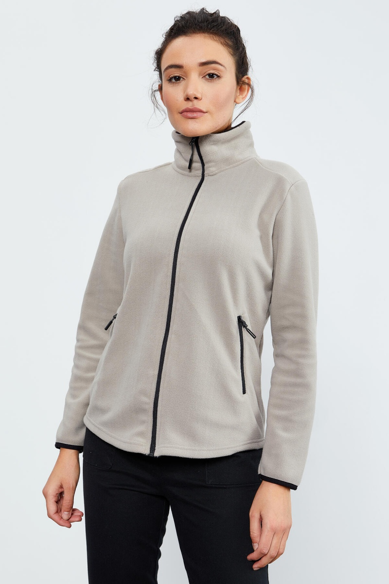 Koyu Bej Dik Yaka Fermuarlı Rahat Form Kadın Polar Sweatshirt - 97173