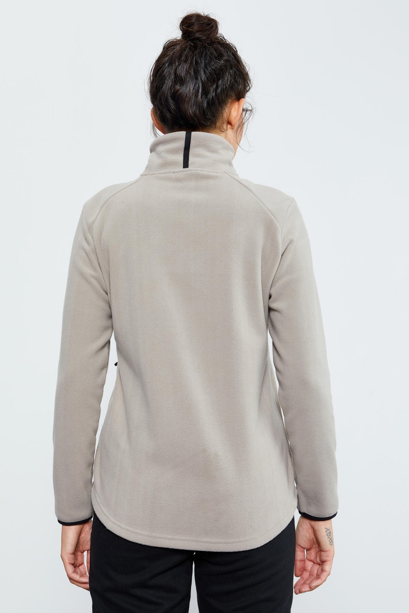 Koyu Bej Dik Yaka Fermuarlı Rahat Form Kadın Polar Sweatshirt - 97173
