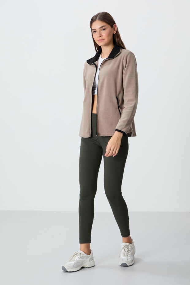 Koyu Bej Dik Yaka Fermuarlı Rahat Form Kadın Polar Sweatshirt - 97173 - 4