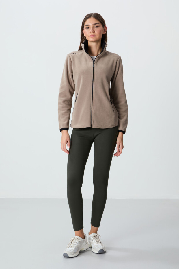 Koyu Bej Dik Yaka Fermuarlı Rahat Form Kadın Polar Sweatshirt - 97173 - 6