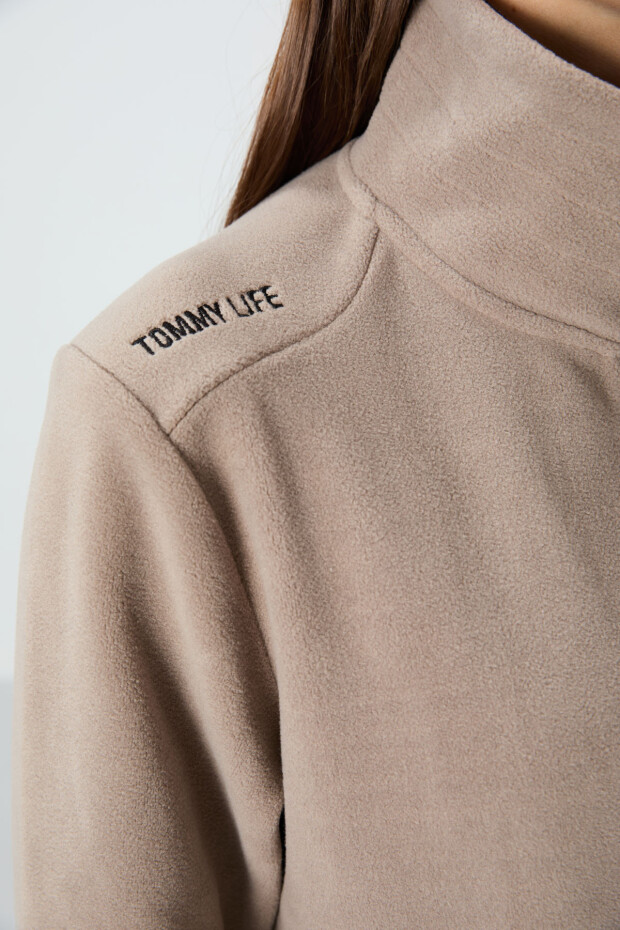 Koyu Bej Dik Yaka Fermuarlı Rahat Form Kadın Polar Sweatshirt - 97173 - 7