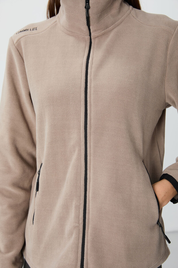Koyu Bej Dik Yaka Fermuarlı Rahat Form Kadın Polar Sweatshirt - 97173 - 5