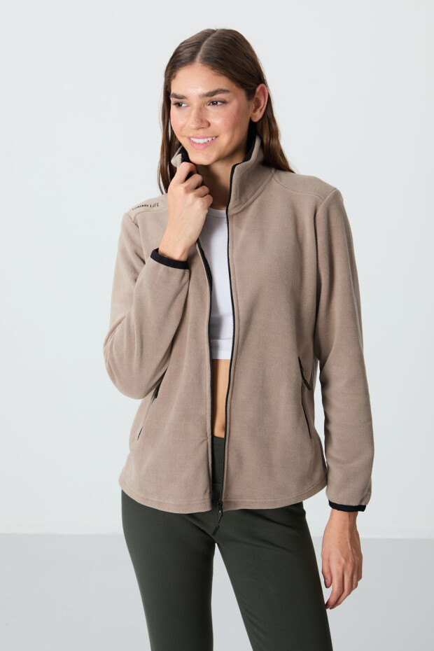Koyu Bej Dik Yaka Fermuarlı Rahat Form Kadın Polar Sweatshirt - 97173 - 1