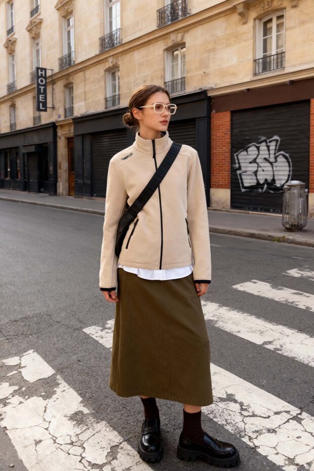 Koyu Bej Dik Yaka Fermuarlı Rahat Form Kadın Polar Sweatshirt - 97173 - 2