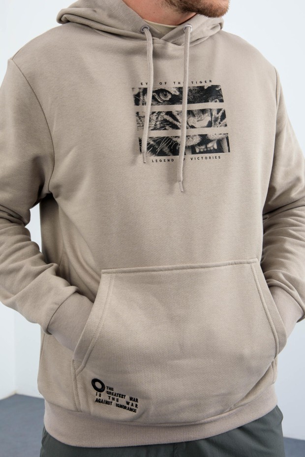 Koyu Bej Kaplan Baskılı Kapüşonlu Rahat Form Erkek Sweatshirt - 88036
