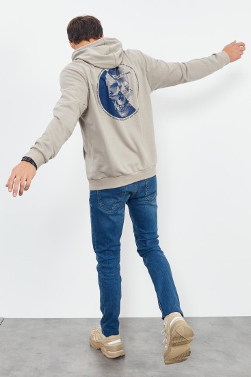 Koyu Bej Kuru Kafa Sırt Baskılı Kapüşonlu Rahat Form Erkek Sweatshirt - 88008 