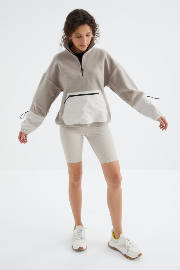 Koyu Bej Etek Ucu Büzgülü Yarım Fermuarlı Oversize Kadın Polar Sweatshirt - 97238