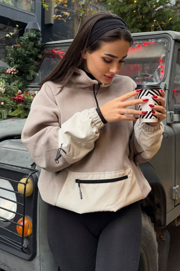 Koyu Bej Etek Ucu Büzgülü Yarım Fermuarlı Oversize Kadın Polar Sweatshirt - 97238 - 3