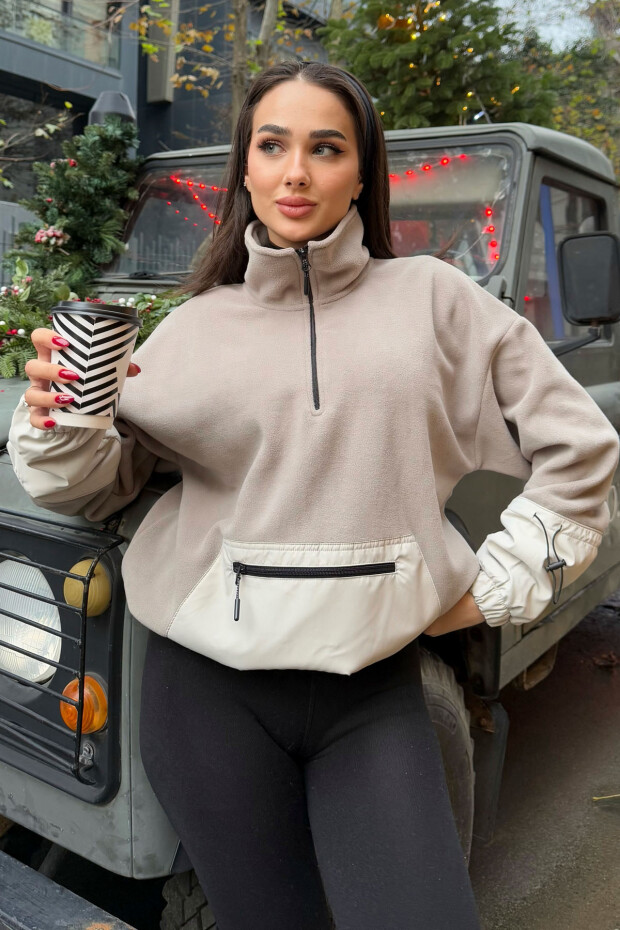Koyu Bej Etek Ucu Büzgülü Yarım Fermuarlı Oversize Kadın Polar Sweatshirt - 97238 - 5
