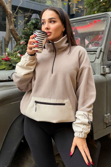 Koyu Bej Etek Ucu Büzgülü Yarım Fermuarlı Oversize Kadın Polar Sweatshirt - 97238 