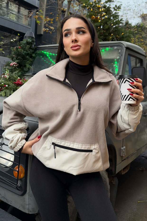 Koyu Bej Etek Ucu Büzgülü Yarım Fermuarlı Oversize Kadın Polar Sweatshirt - 97238 - 6