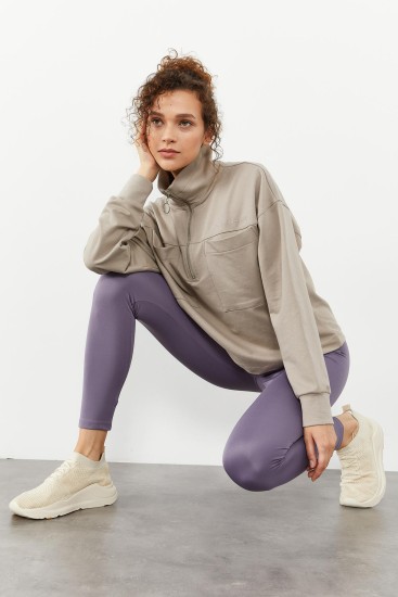 Koyu Bej Göğüs Cepli Yarım Fermuar Kadın Oversize Sweatshirt - 97154 