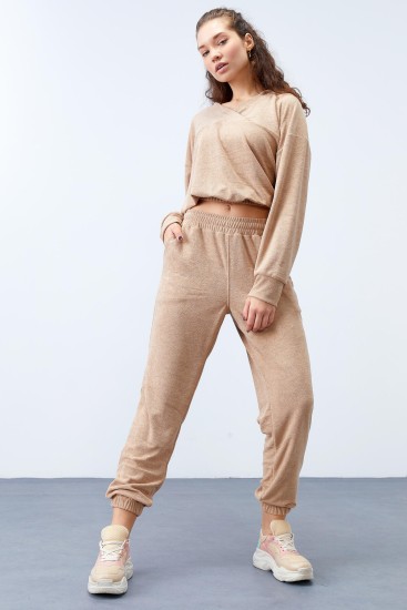 Koyu Bej Havlu Kumaş Kapüşonlu Lastik Paça Kadın Oversize Eşofman Takım - 95311 