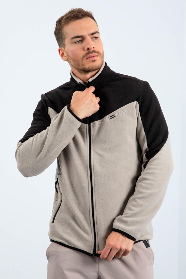 Koyu Bej İki Renkli Fermuarlı Dik Yaka Standart Kalıp Erkek Sweatshirt Polar - 87994