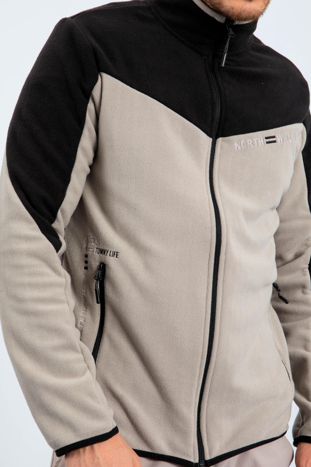 Koyu Bej İki Renkli Fermuarlı Dik Yaka Standart Kalıp Erkek Sweatshirt Polar - 87994