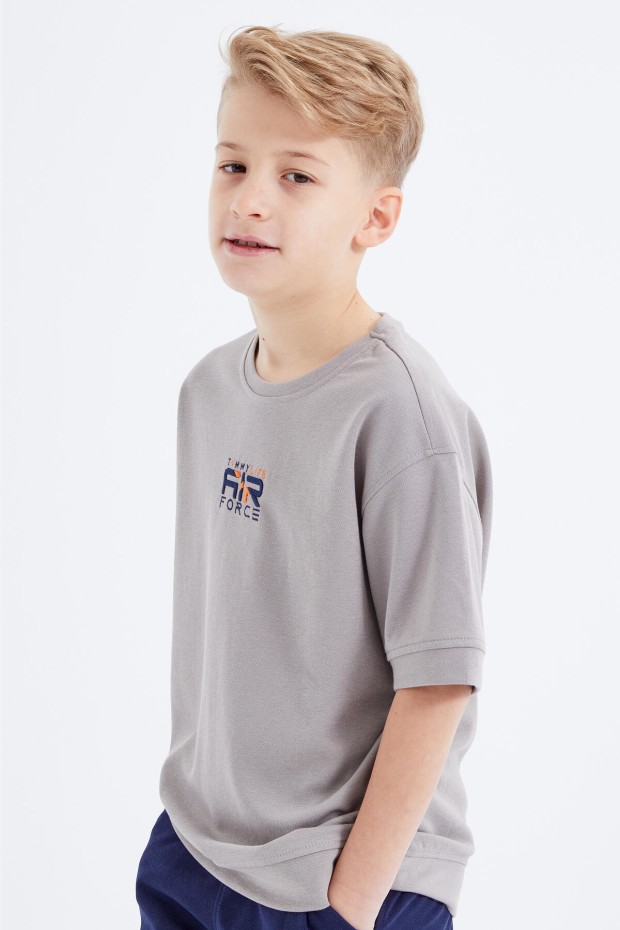 Koyu Bej - İndigo Yazı Nakışlı Oversize Erkek Çocuk Şort Takım - 10897 - 3