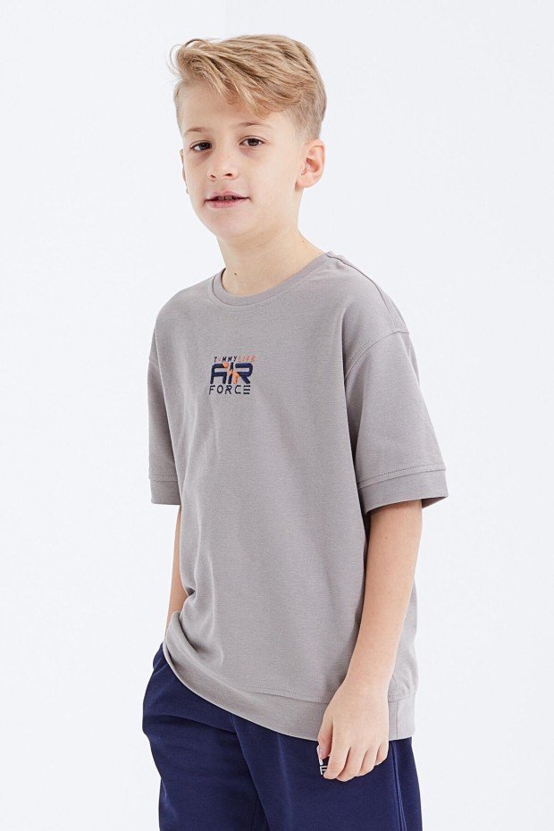 Koyu Bej - İndigo Yazı Nakışlı Oversize Erkek Çocuk Şort Takım - 10897 - 6