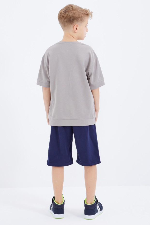 Koyu Bej - İndigo Yazı Nakışlı Oversize Erkek Çocuk Şort Takım - 10897 - 8
