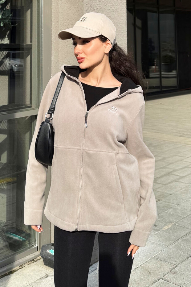 Koyu Bej Kapüşonlu Fermuarlı Rahat Form Kadın Polar Sweatshirt - 97233