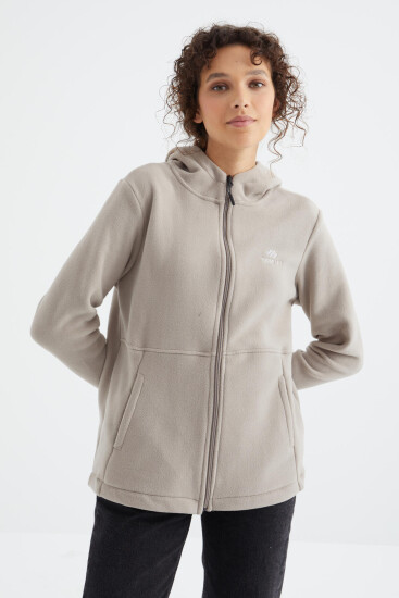 Koyu Bej Kapüşonlu Fermuarlı Rahat Form Kadın Polar Sweatshirt - 97233 