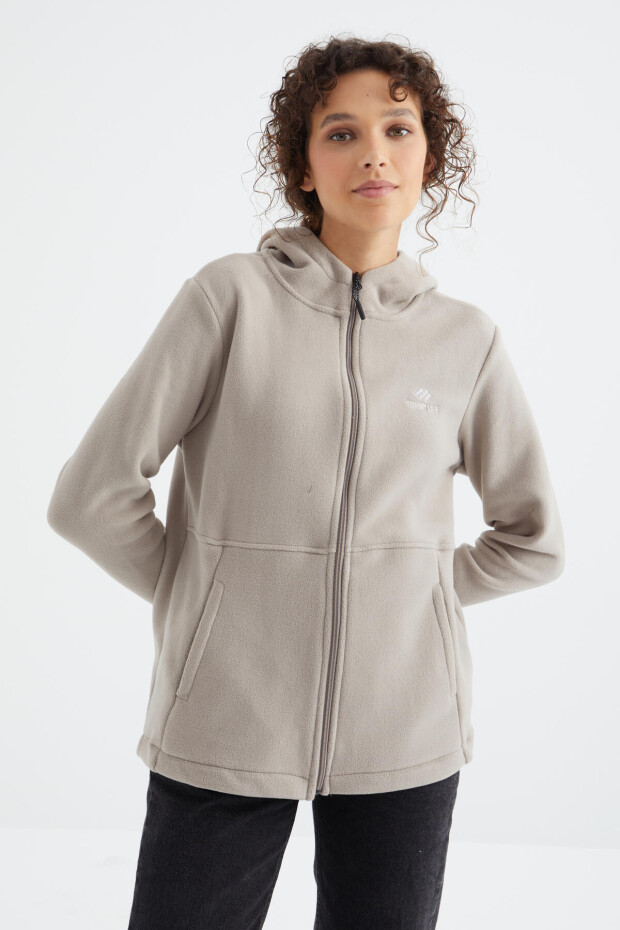 Koyu Bej Kapüşonlu Fermuarlı Rahat Form Kadın Polar Sweatshirt - 97233 - 2