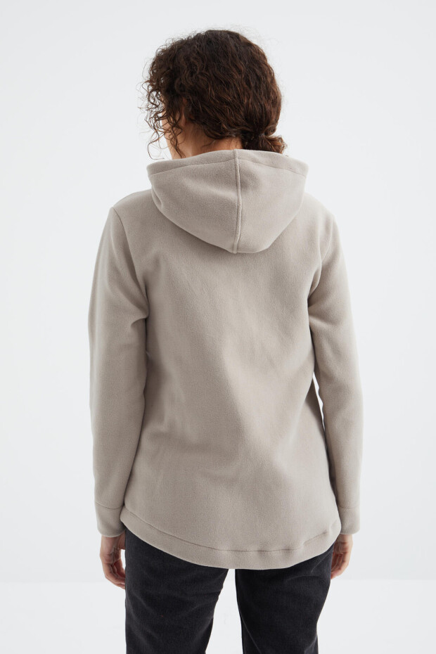 Koyu Bej Kapüşonlu Fermuarlı Rahat Form Kadın Polar Sweatshirt - 97233 - 4