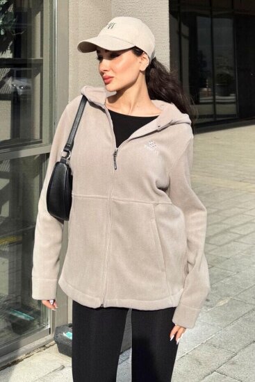 Koyu Bej Kapüşonlu Fermuarlı Rahat Form Kadın Polar Sweatshirt - 97233 