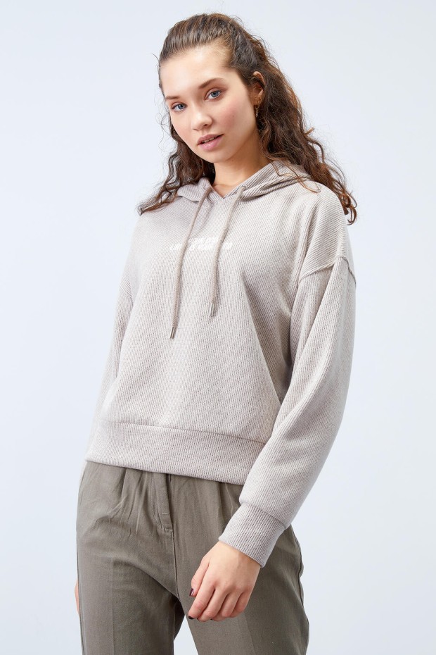 Koyu Bej Kapüşonlu Yazı Nakışlı Selanik Kadın Oversize Sweatshirt - 97192