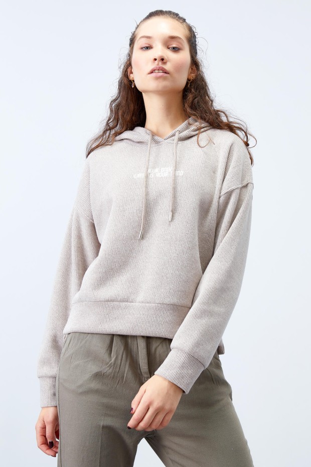 Koyu Bej Kapüşonlu Yazı Nakışlı Selanik Kadın Oversize Sweatshirt - 97192