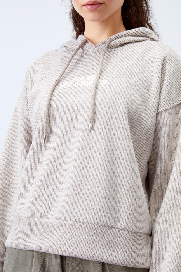 Koyu Bej Kapüşonlu Yazı Nakışlı Selanik Kadın Oversize Sweatshirt - 97192