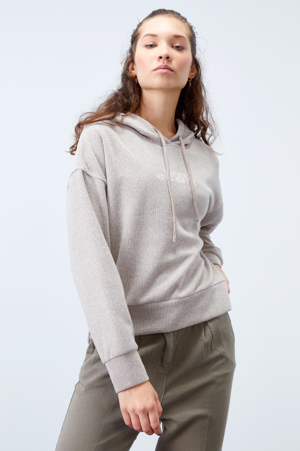 Koyu Bej Kapüşonlu Yazı Nakışlı Selanik Kadın Oversize Sweatshirt - 97192