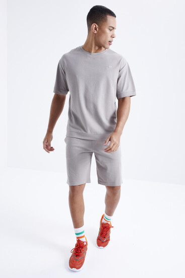 Koyu Bej O Yaka Oversize Bermuda Erkek Şort Takım - 85164 