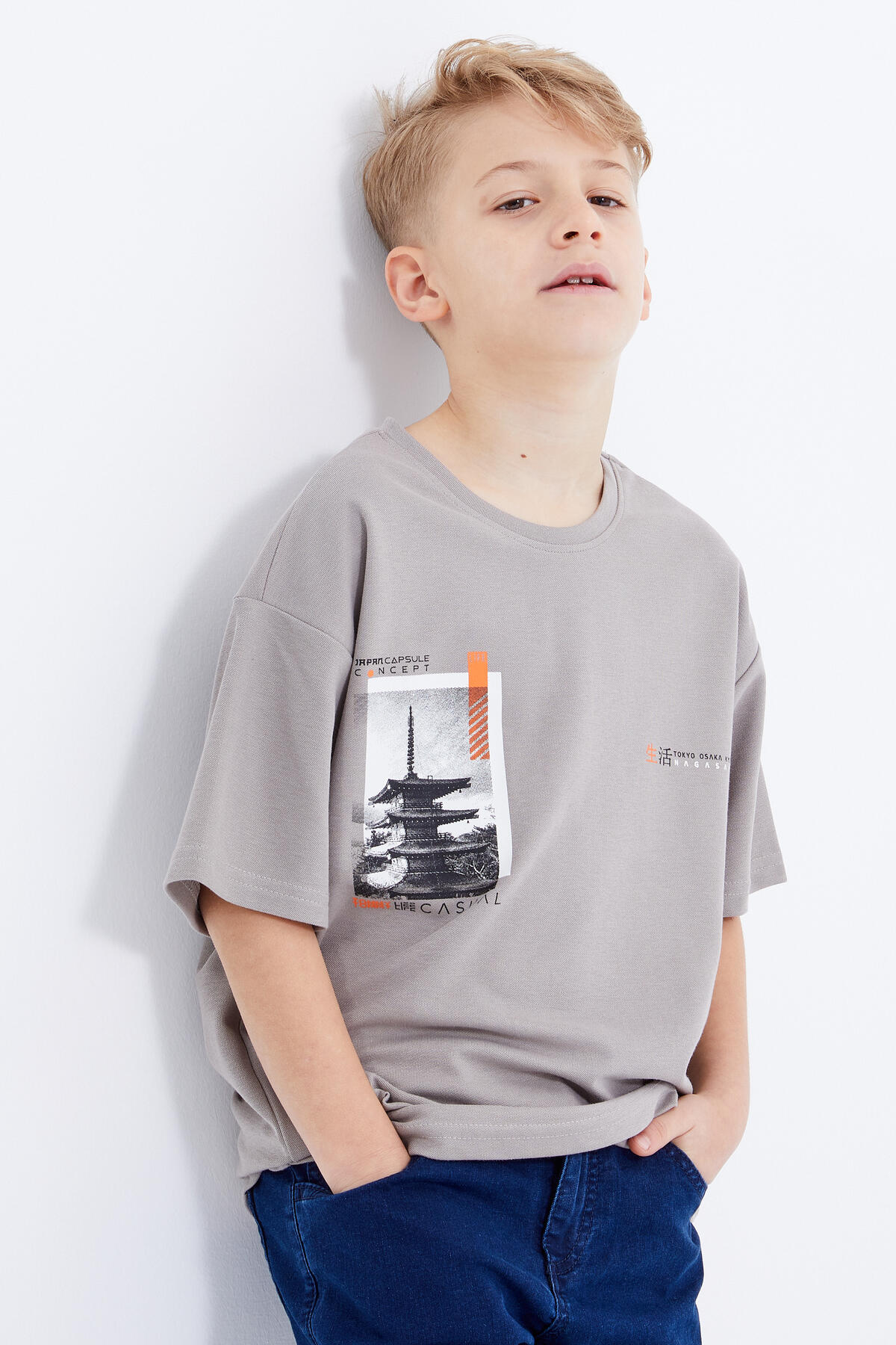 Koyu Bej Oversize Baskılı Kısa Kollu O Yaka Erkek Çocuk T-Shirt - 10925