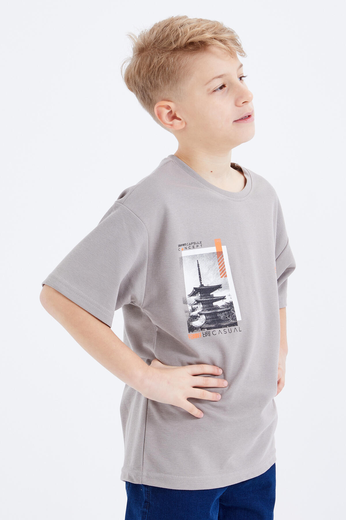 Koyu Bej Oversize Baskılı Kısa Kollu O Yaka Erkek Çocuk T-Shirt - 10925